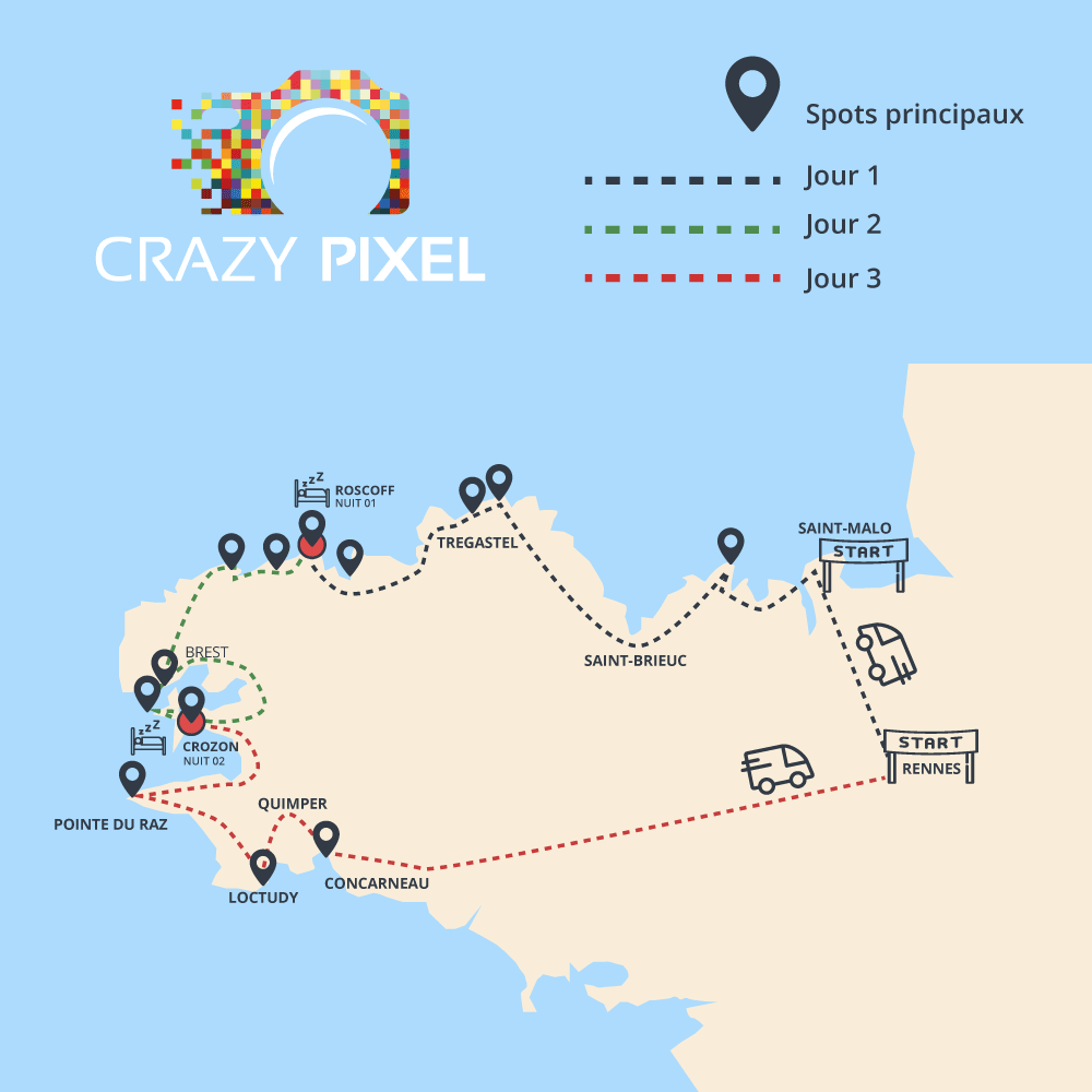 Carte du Road Trip Photo Bretagne Nord CRAZY PIXEL